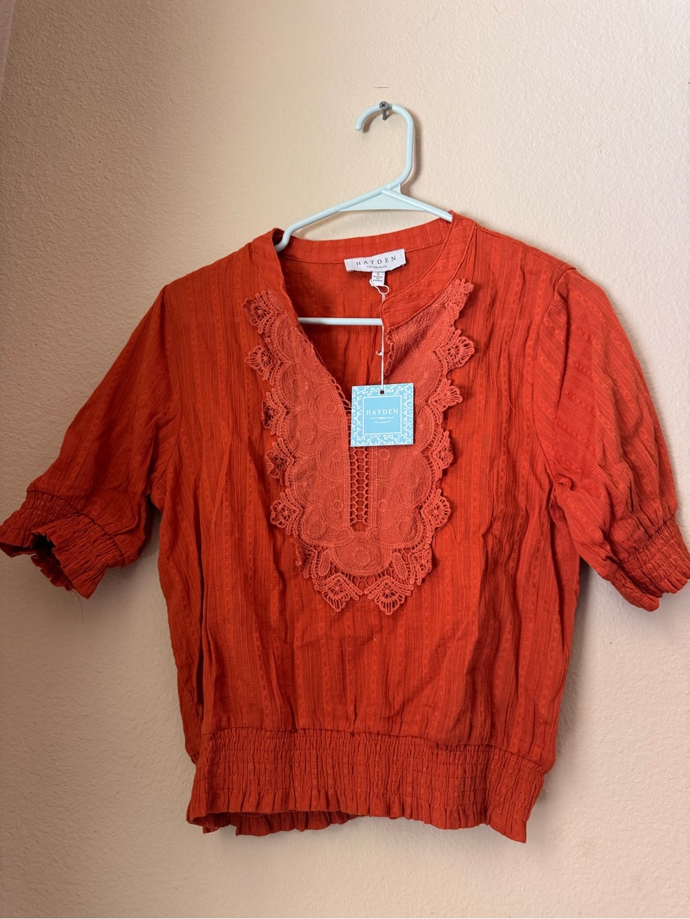 NWT Hayden Los Angeles Lace Smock Waist Top